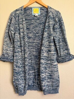 Bella Bird Sz L Sweater Top Teal Gray Button Front Knit V-Neck Long Tunic